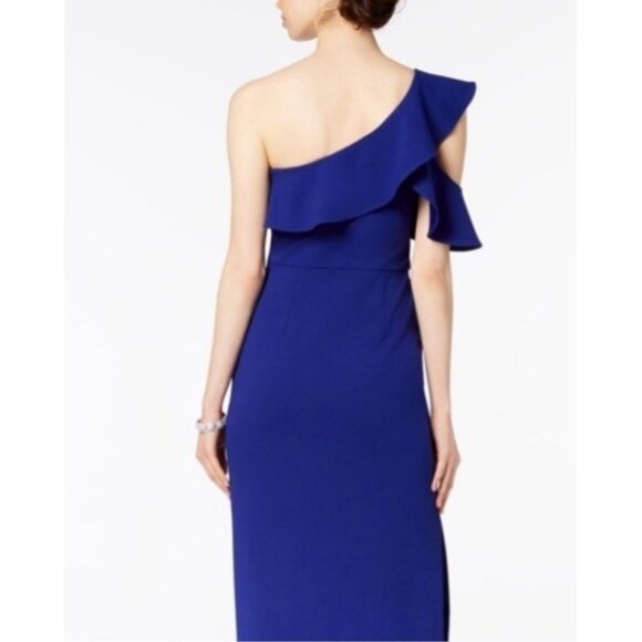 BETSY & ADAM Ruffled One Shoulder Maxi Gown Dress in Cobalt Blue Size 8 - Picture 3 of 9